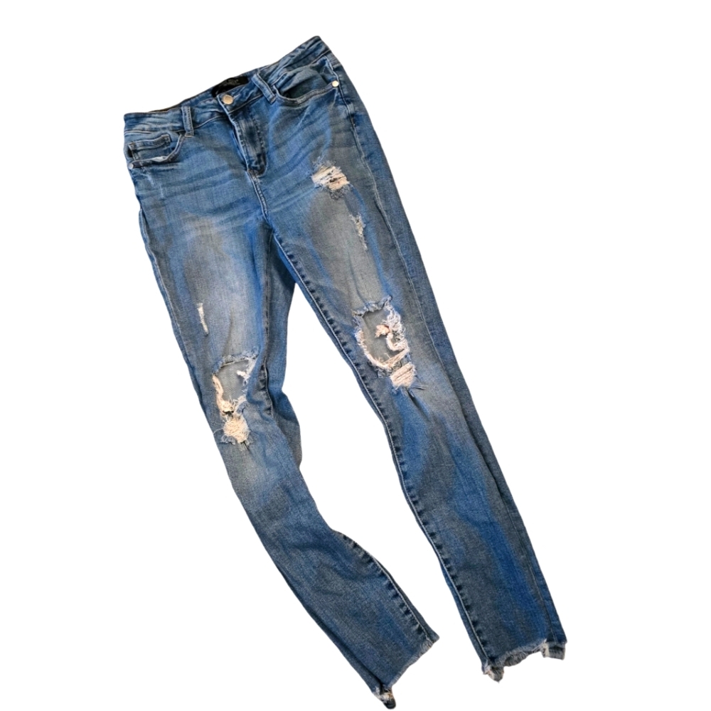 Judy Blue Ruff Hem Destroyed Skinny Blue Jeans Size 7 / 28 Stretchy‎ 000136